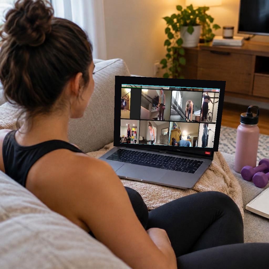 A woman on her sofa looking at a live group workout on her laptop