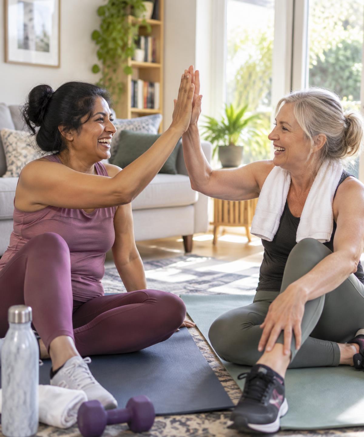 Two friends high-fiving after a workout at home